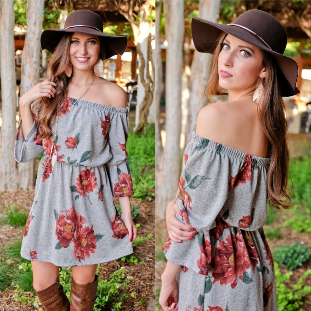 ❤️LAST ONE!  Soft Gray Floral Off Shoulder dress - Picture 2 of 4